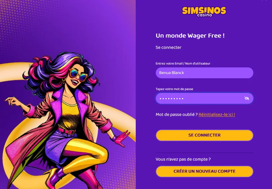 Page de connexion Simsinos avec illustration